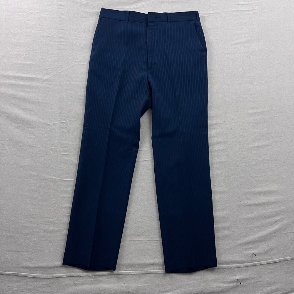 VTG 70s Haggar Magic Stretch Dress Pants 34x32 Navy Blue Pinstripe Straight Leg